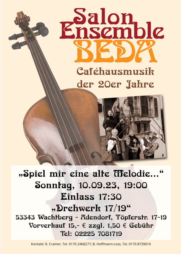 Plakat für das Konzert im "Drehwerk" in Wachtberg-Adendorf am 10. September 2023. Tickets im Vorverkauf für 15 Euro plus 1,50 Euro Gebühren. Telefon 022257081719